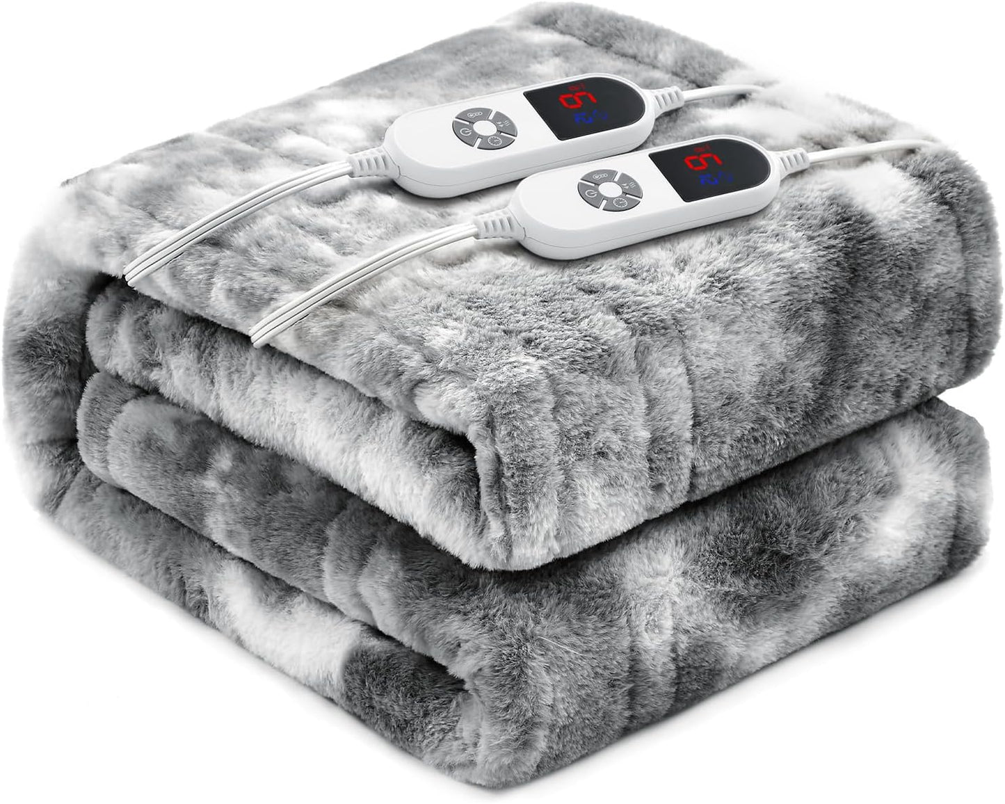 Electric Heated Blanket 90"x100",Luxury Grey Faux Fur Electric King Blanket,Fast Heating Soft Fluffy Thick Electric Blanket with 6 Heating Levels & 12H Auto Off