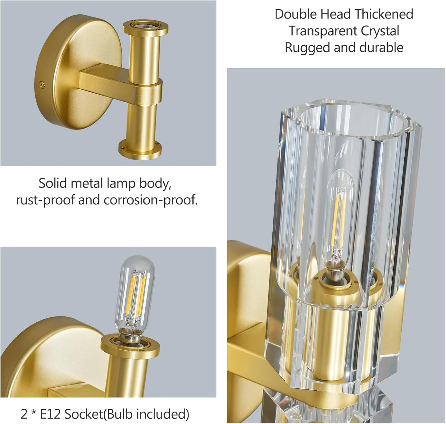 Modern Gold Wall Sconces Set of Two Bedroom Crystal Wall Sconces Indoor Sconces Wall Lighting Living Room Sconces with K9 Crystal Lampshade for Bathroom Hallway Entryway Stairway