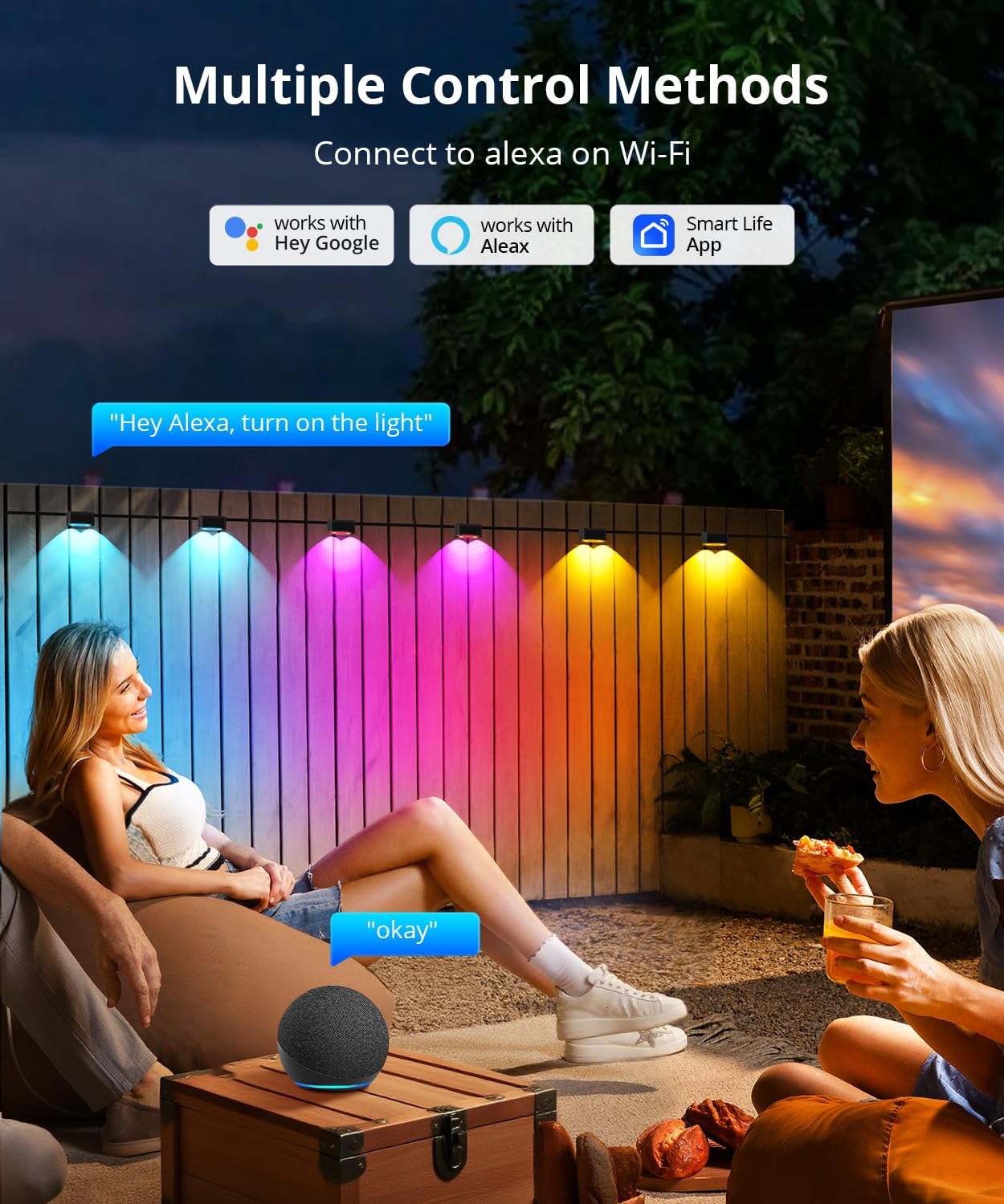 Outdoor Deck Lights 8 Packs, Smart RGBCW Fence Light, 100+ Scene Modes, Dual Lens LED String Lights with APP/Voice/Remote Control, IP65 Waterproof for Halloween Christmas Decor, 52ft Black