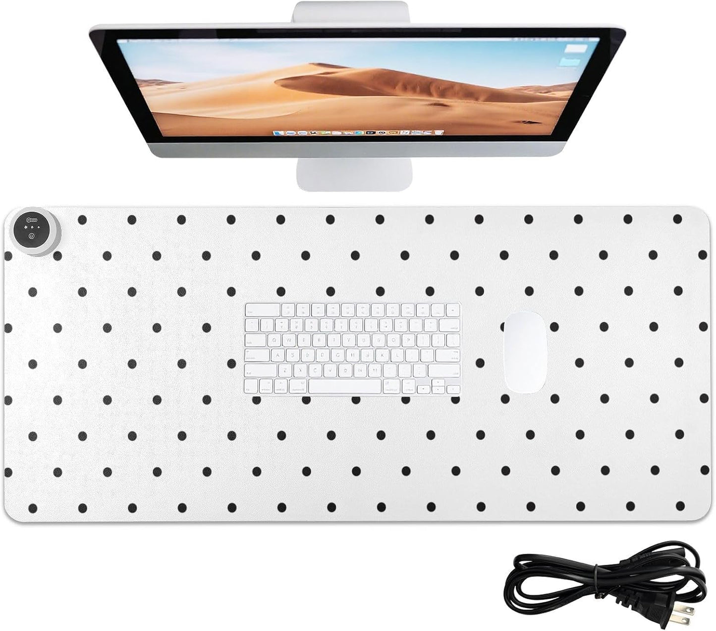 Heated Desk Pad Mouse Pad 31.5x13 Inch PU Leather Desk Mat with 3 Heat Levels Large Mouse Gaming Computer Laptop Mat Black Polka Dot White