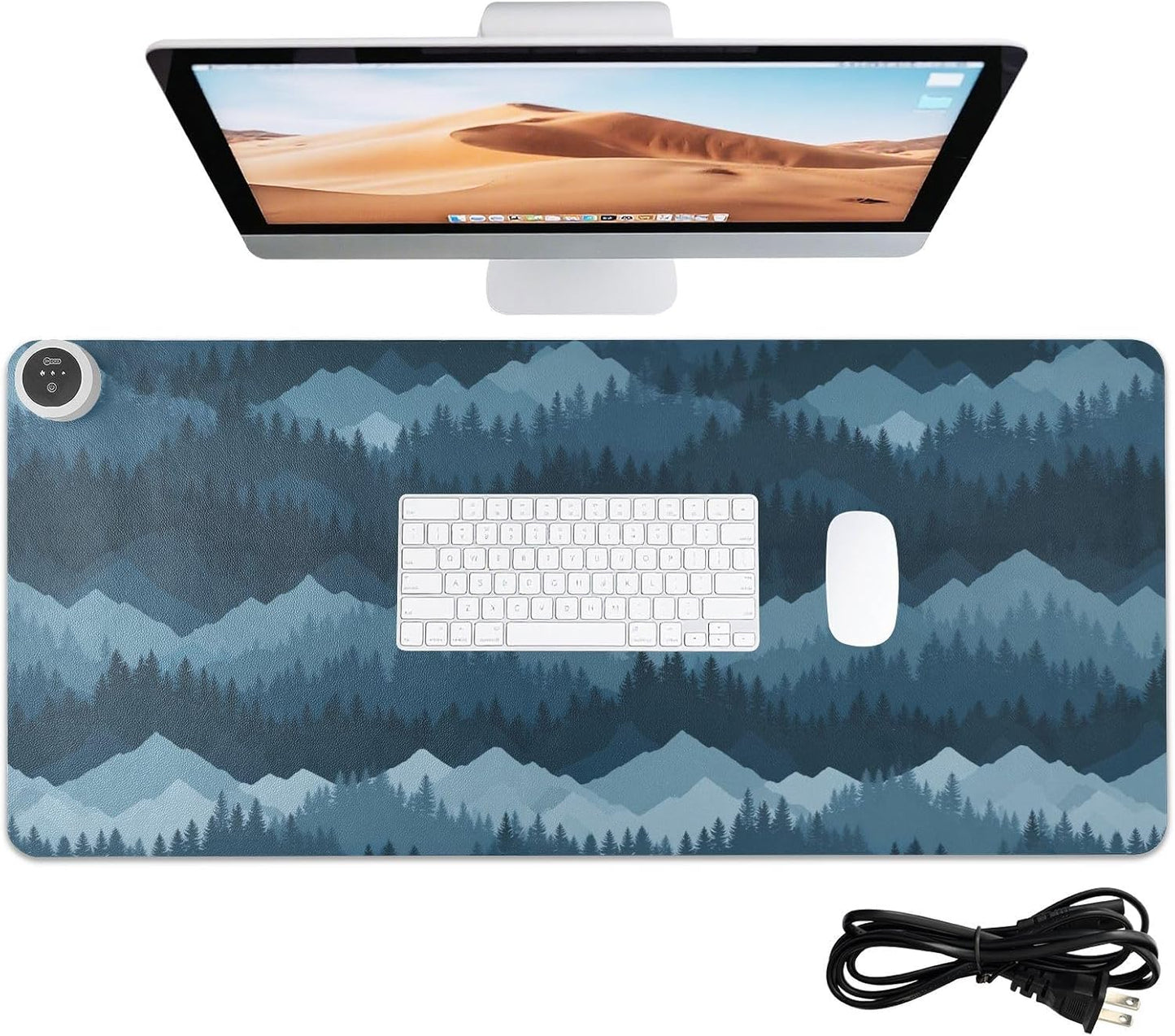 Heated Desk Pad Mouse Pad 31.5x13 Inch PU Leather Desk Mat with 3 Heat Levels Large Mouse Gaming Computer Laptop Mat Blue Mountains and Pine Trees