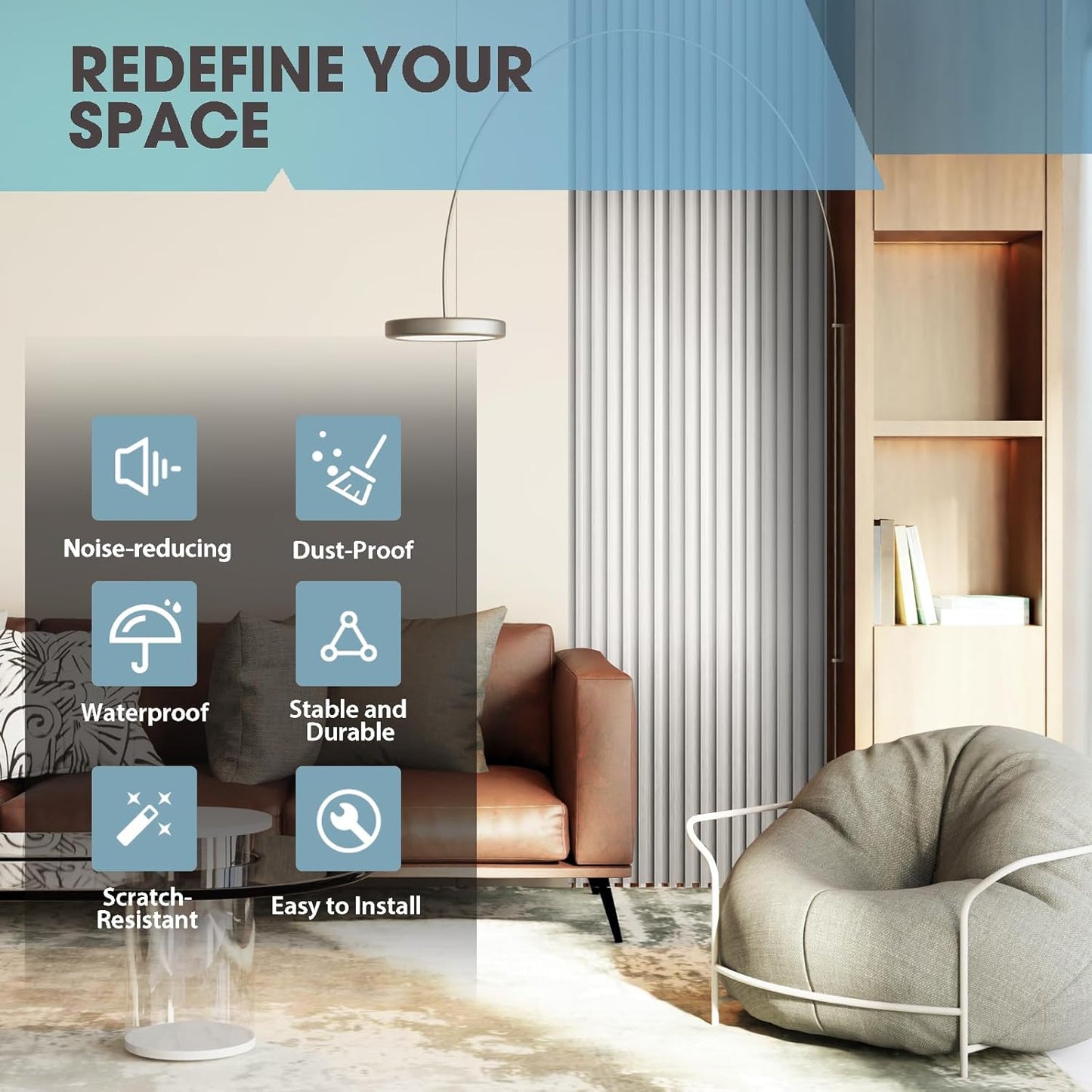 OUZUGIE WPC Acoustic Slat Wall Paneling, 8-Pack 114 x 6 Inches 3D Wall Panels for Interior Wall Decor,Living Room,TV Background,Study Room,Office Spaces,Bedroom,High Grille (Metallic Silver)