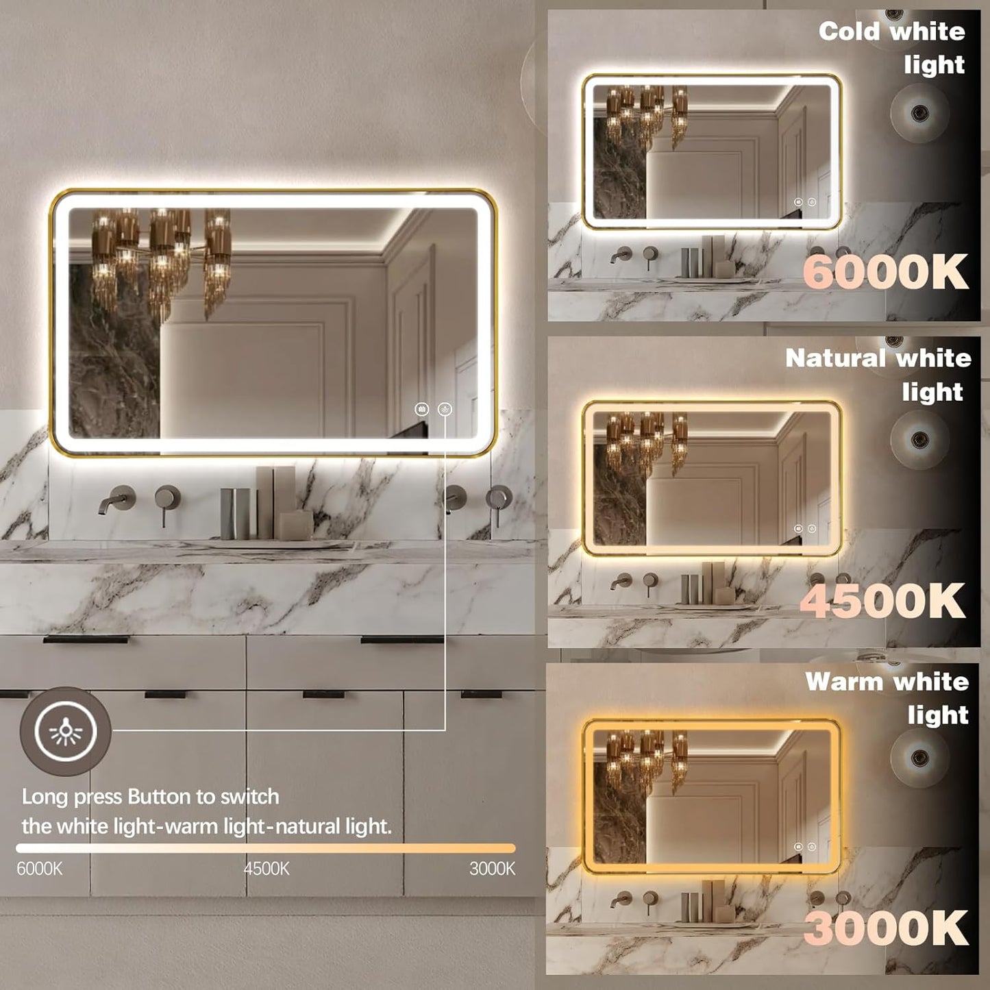 40"x24" Lighted Vanity Mirror with Lights, Gold Metal Frame Led Mirror for Bathroom, Anti-Fog Wall Mirror with Front and Backlit, Shatterproof, 3 Colors Stepless Dimmable, Horizontal/Vertical