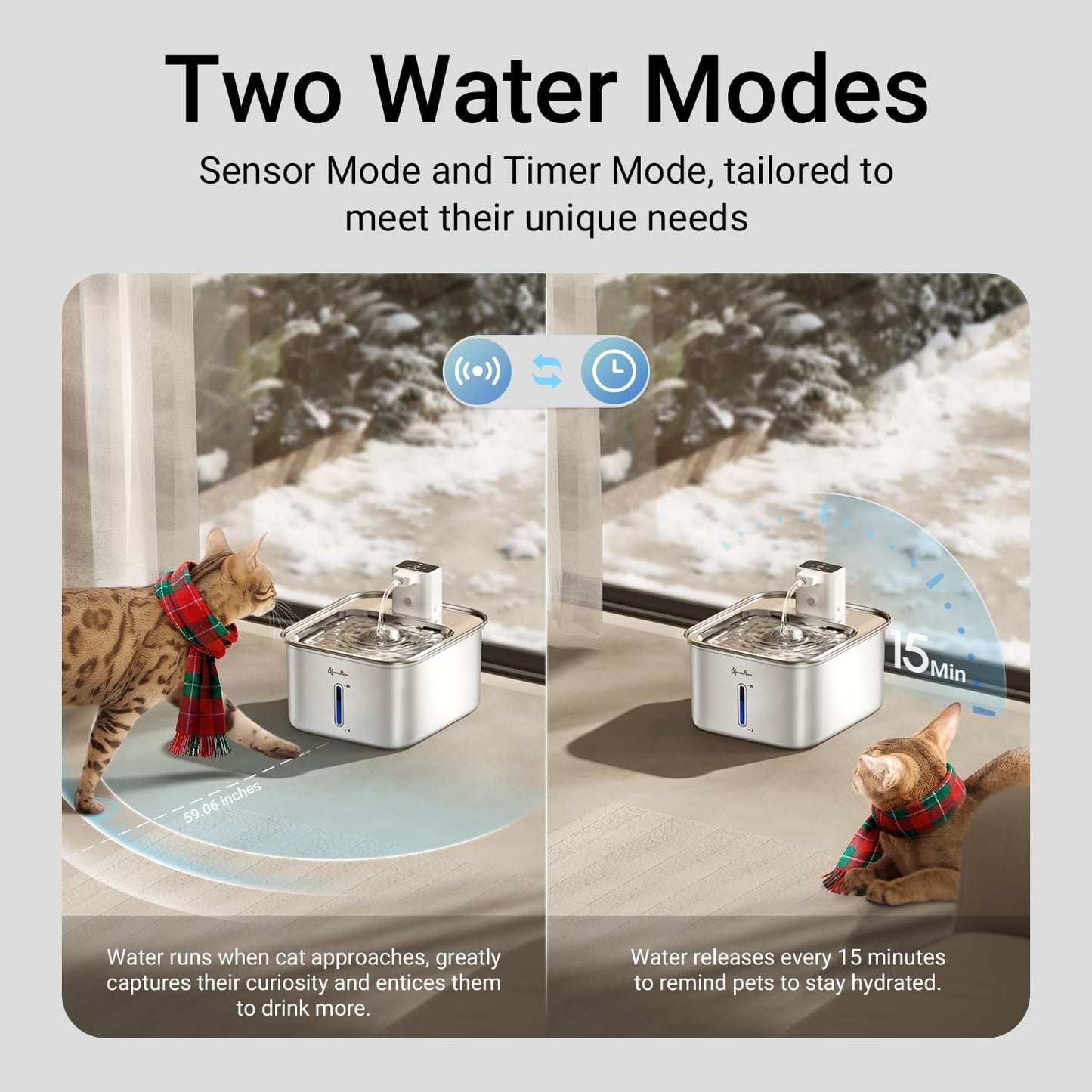 DownyPaws Cat Water Fountain Stainless Steel Wireless, 101 oz/3L FurSink Cordless Water Fountain for Cats, Battery Operated Cat Fountains for Drinking with Motion Sensor, Easy Clean, White