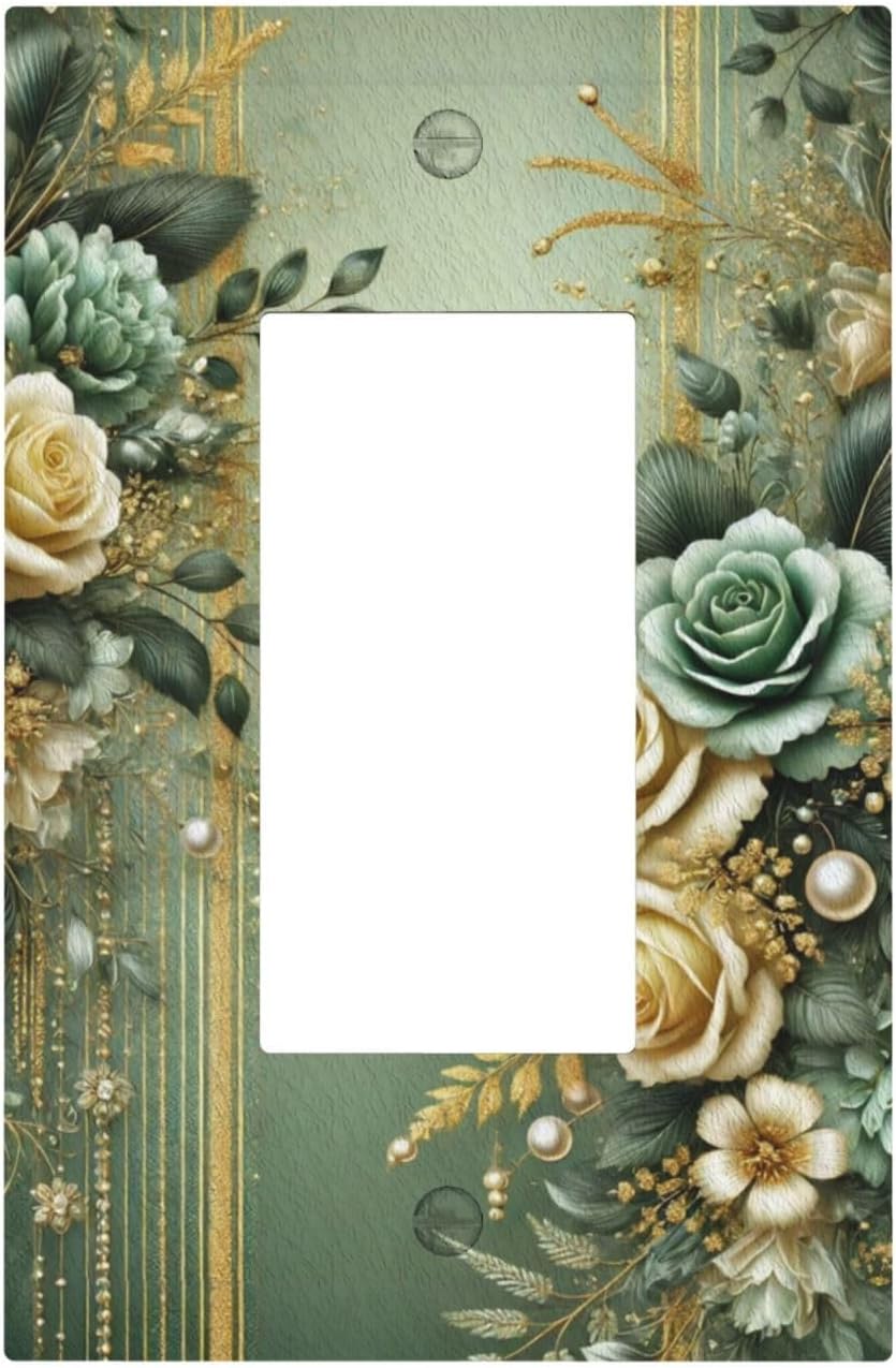 Decorative Outlet Covers Rustic Green Floral Leaves Teal Flowers Gold Stripe 1 Gang Single Decora GFCI Device Light Switch Covers Plate 1 Rocker Wall Plate Jumbo Faceplate