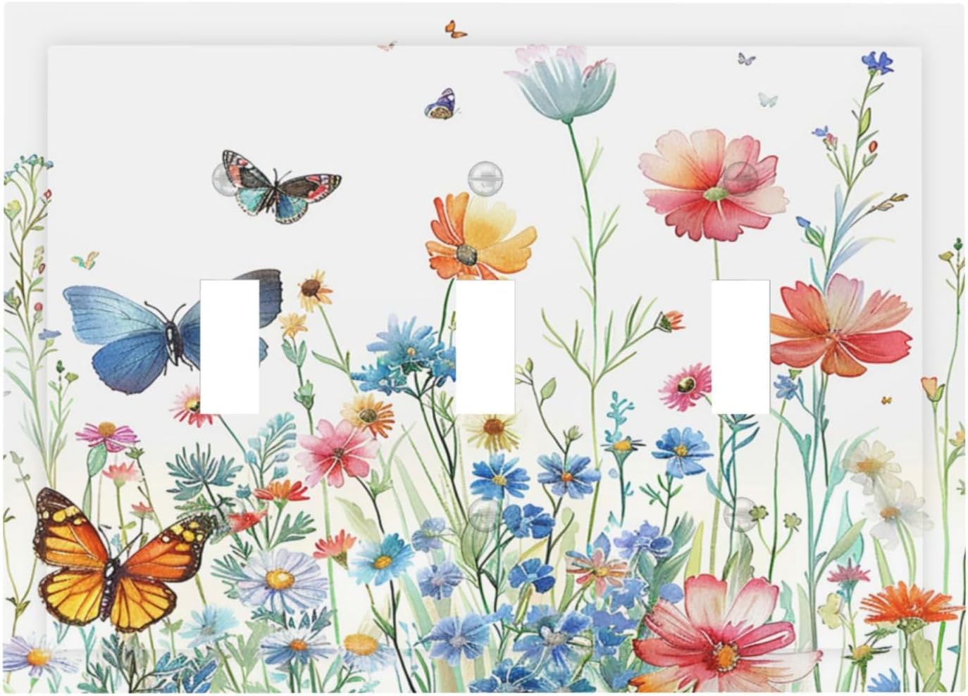 Decorative Light Switch Cover Plate Rustic Wildflower Blue Pink Floral Butterfly 3 Gang Wall Plates for Electrical Outlets Triple Toggle Switch Plate Covers Outlet Covers for Home Decor