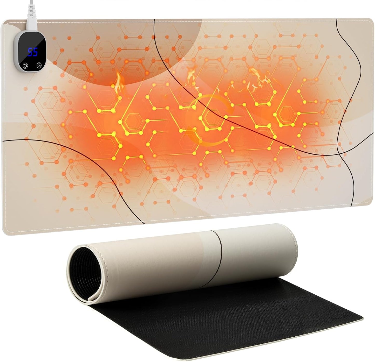 iCasso XXL Heated Desk Pad, Heated Mouse Pad Hand Warmer, Warm Desk Mat with 4 Heating Levels for Computer Keyboard, 35.4" x 15.7" Large Mousepad for Home Office Work (Brown Art)