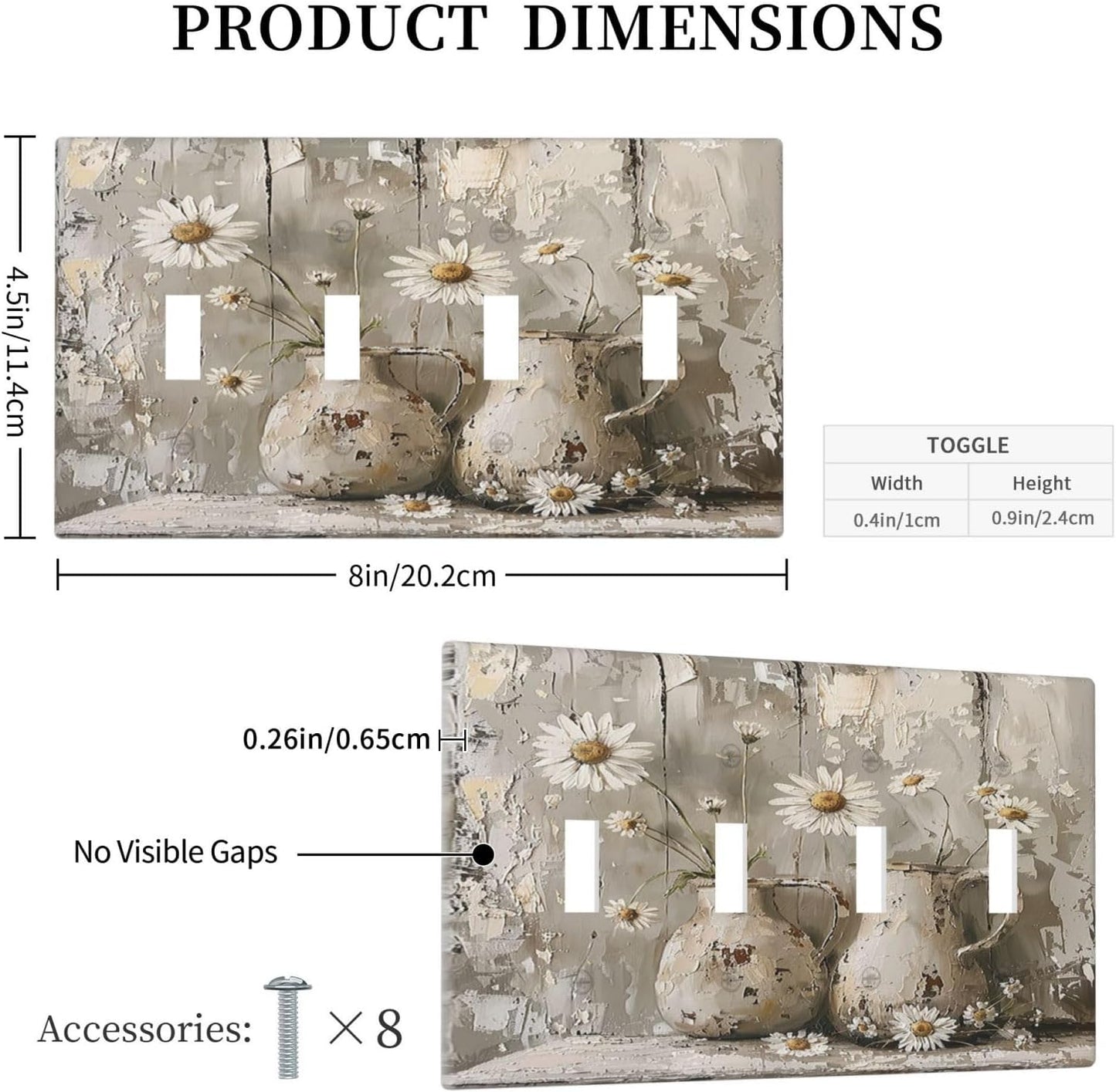 Light Switch Covers Vintage Rustic Floral White Daisy Flower Oil Painting Style Quad Toggle Electrical Faceplate 4 Gang Wall Plate Decorative Switch Plates for Home Farmhouse Decor