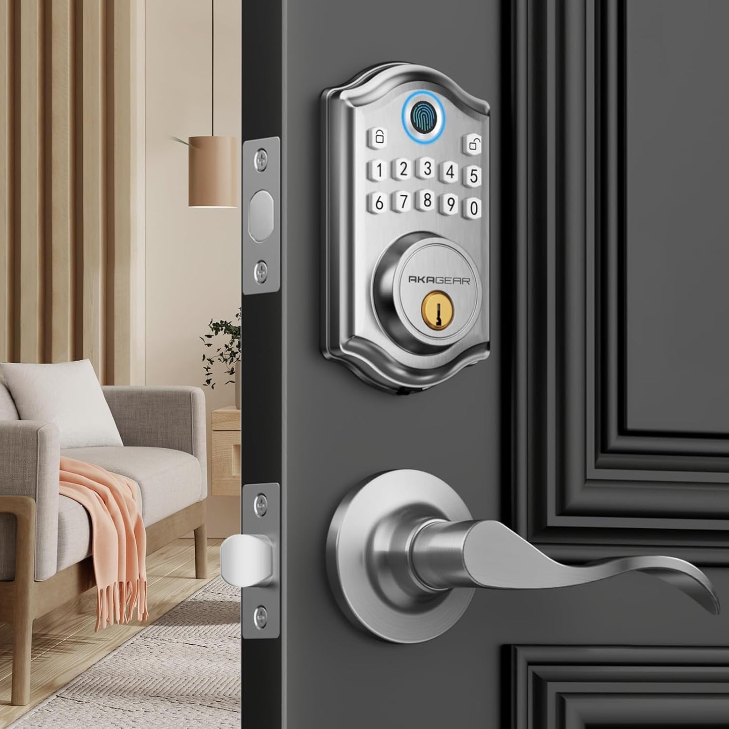 DS10 Keyless Entry Door Lock with 2 Lever Handle, Fingerprint, Keypad Code, 2 Keys, Smart Locks for Front Door, Bedroom, One-time Code, Auto-Lock, Easy Installation - Satin Nickel