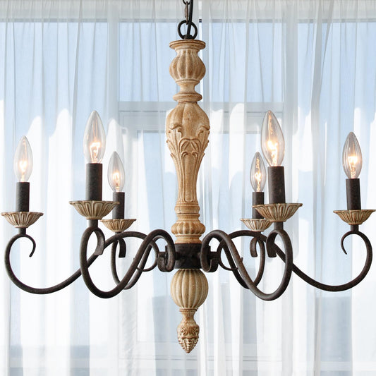 French Country Chandelier-Farmhouse Chandeliers for Dining Room 6 Lights Fixture Rust Imitation Wood Finish for Living Room, Bedroom, Kitchen, Stairway, Bathroom (Dia 23.3”)