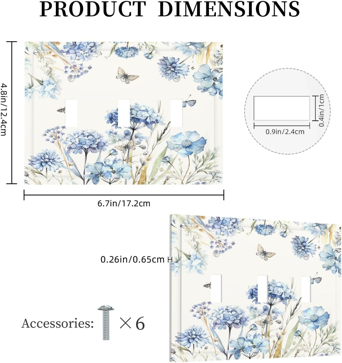 Decorative Switch Plates Blue Floral Hydrangea Plants 3 Gang Wall Plate Faceplate Triple Toggle Light Switch Cover Electrical Wall Panels for Bedroom Home Decor