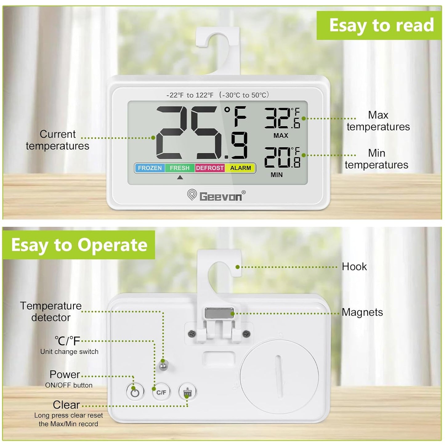 Geevon Digital Refrigerator Thermometer 2 Pack,IP65 Waterproof Fridge and Freeze Thermometer with Magnetic Back Large LCD,Max/Min Record Function for Home,Commercial