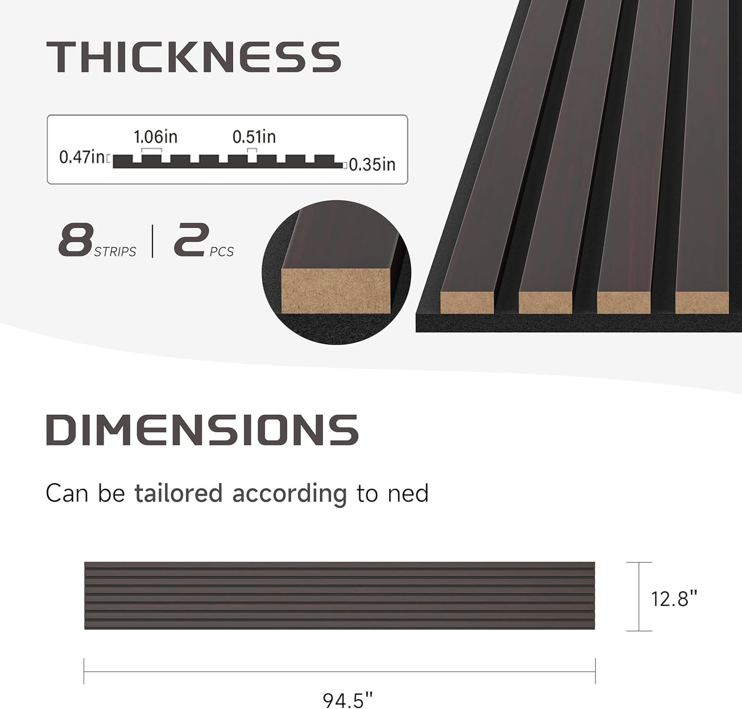 Wood Slat Wall Panels, 2 Pack 8 x 1 ft Decorative Wood Panels for Wall,Stylish Wall Panels for Interior Wall Decor, Modern Acoustic Wood Wall Panels with Felt Backing, Black-Brown Oak