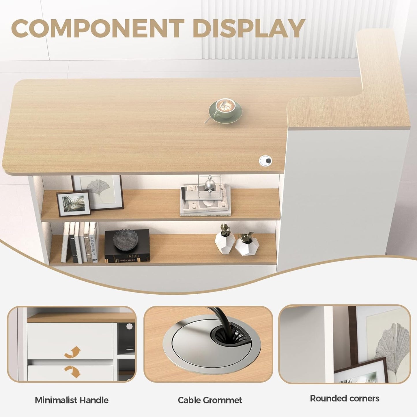 Modern Reception Desk with LED Lights - 59" Front Desk Reception Counter with Dual Display Shelves & Hidden Cable Management, Lockable Drawer & Storage Cabinet for Office, Salon, Spa, Retail, Right