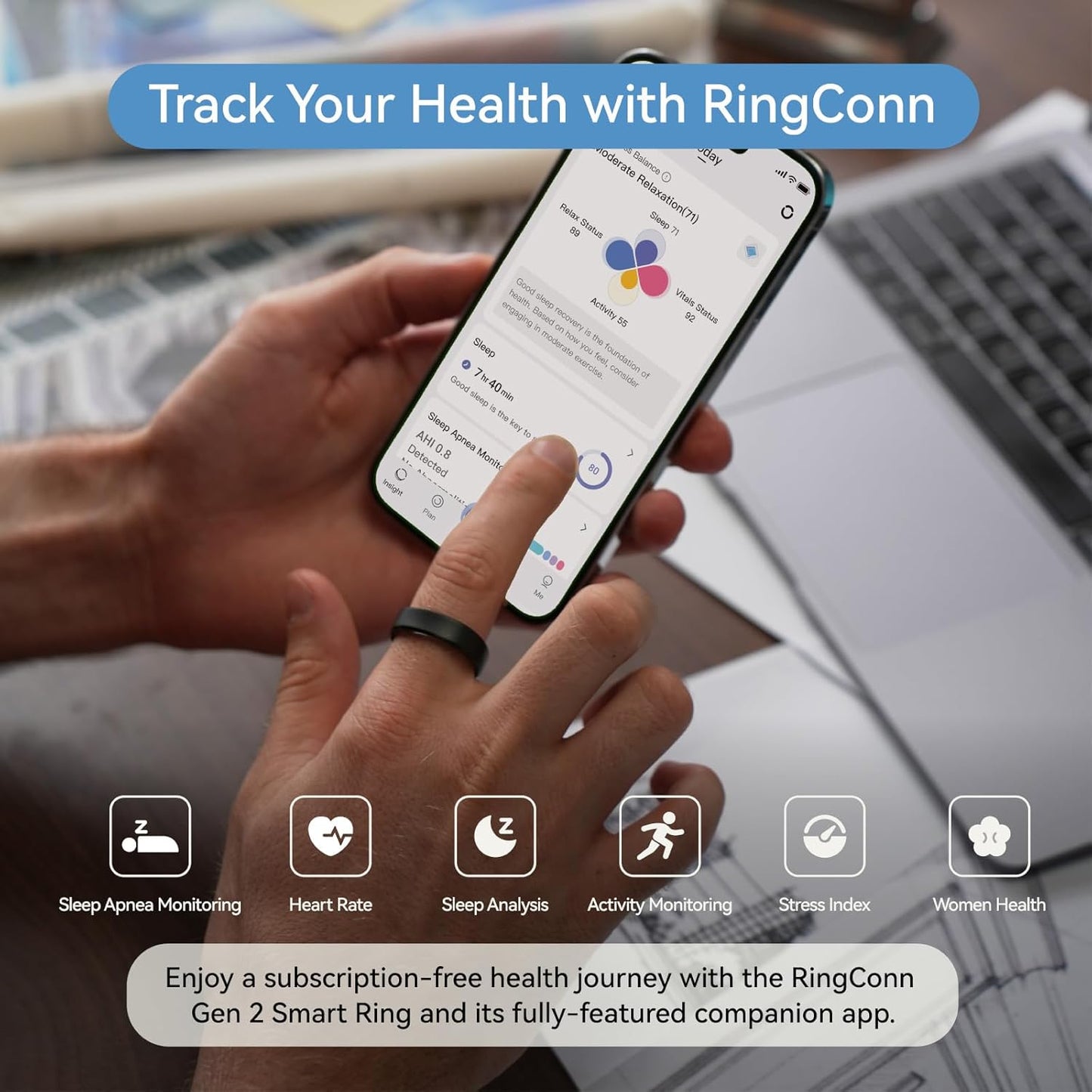RingConn Gen 2, World’s First Smart Ring with Sleep Apnea Monitoring, No APP Subscription, 12-Day Battery Life, Stress/Heart Rate/Women's Health Tracker, Android & iOS Compatible (Black, Size 14)