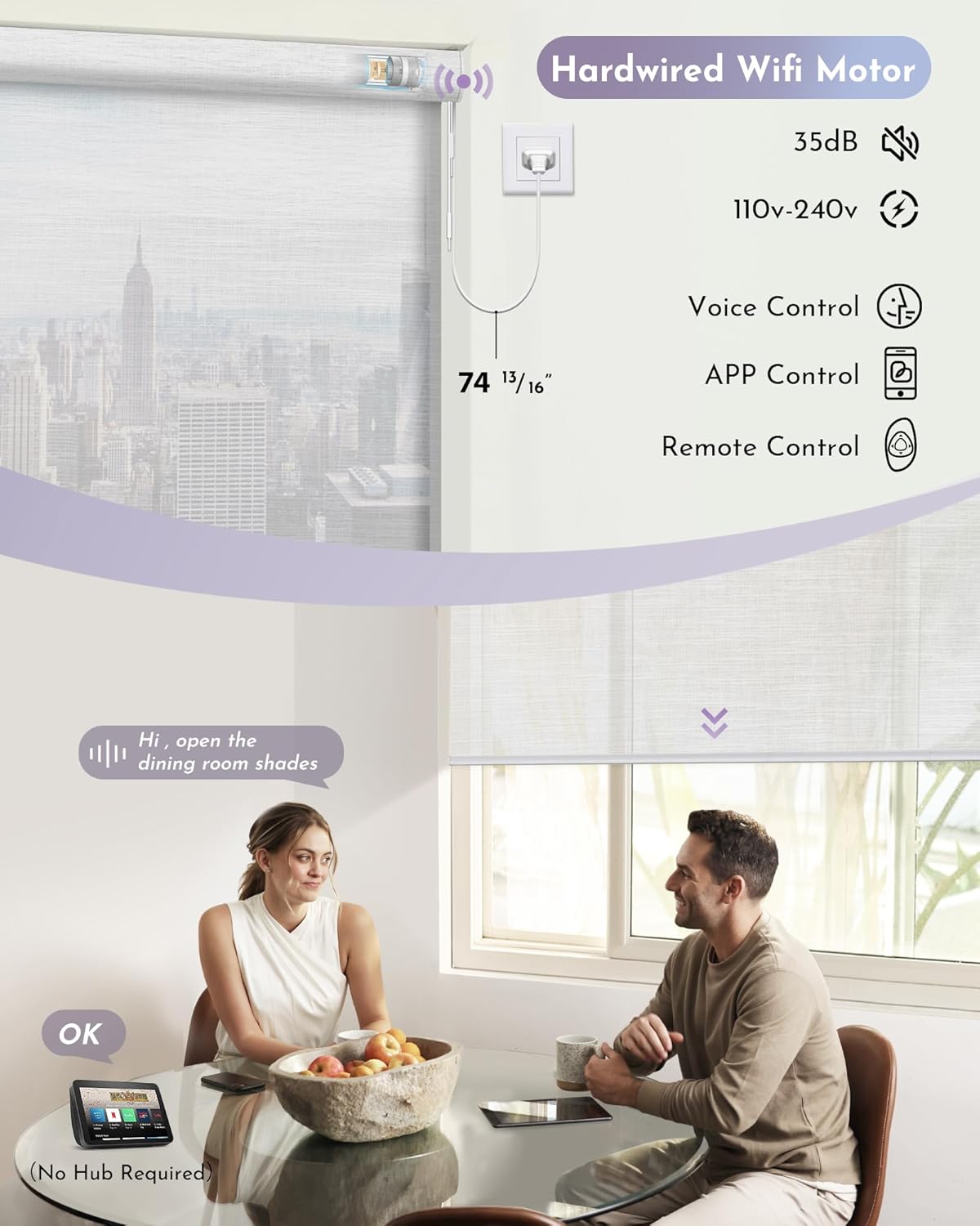 Graywind Motorized Light Filtering Shades Compatible with Alexa Google Hardwired WiFi Smart Half Shading Remote Control Automated Blinds Electric Window Shades, Custom Size (Mixwave White)