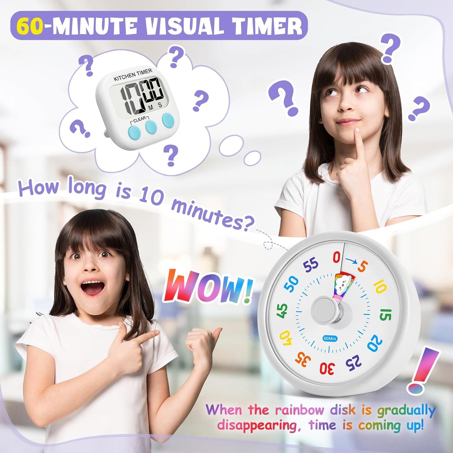 HIPPIH Visual Timer for Kids, 60 Minute Countdown Timers for Classroom Kitchen Office, Rainbow Disk Desk Timer Clock with Silent Operation, Pomodoro Timer Time Management Tools for Toddler ADHD White