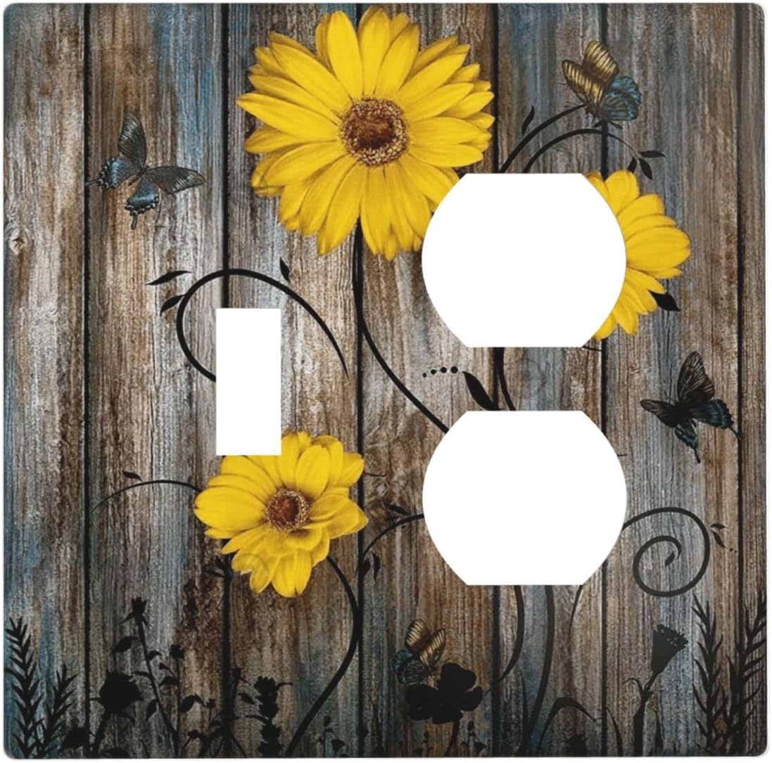 Rustic Barn Sunflower Wooden Daisy Flower Plank Wallplates 1 Toggle 1 Duplex Switch Plate Electrical GFCI Faceplate Decorative Light Switch Covers for Farmhouse Home Decor