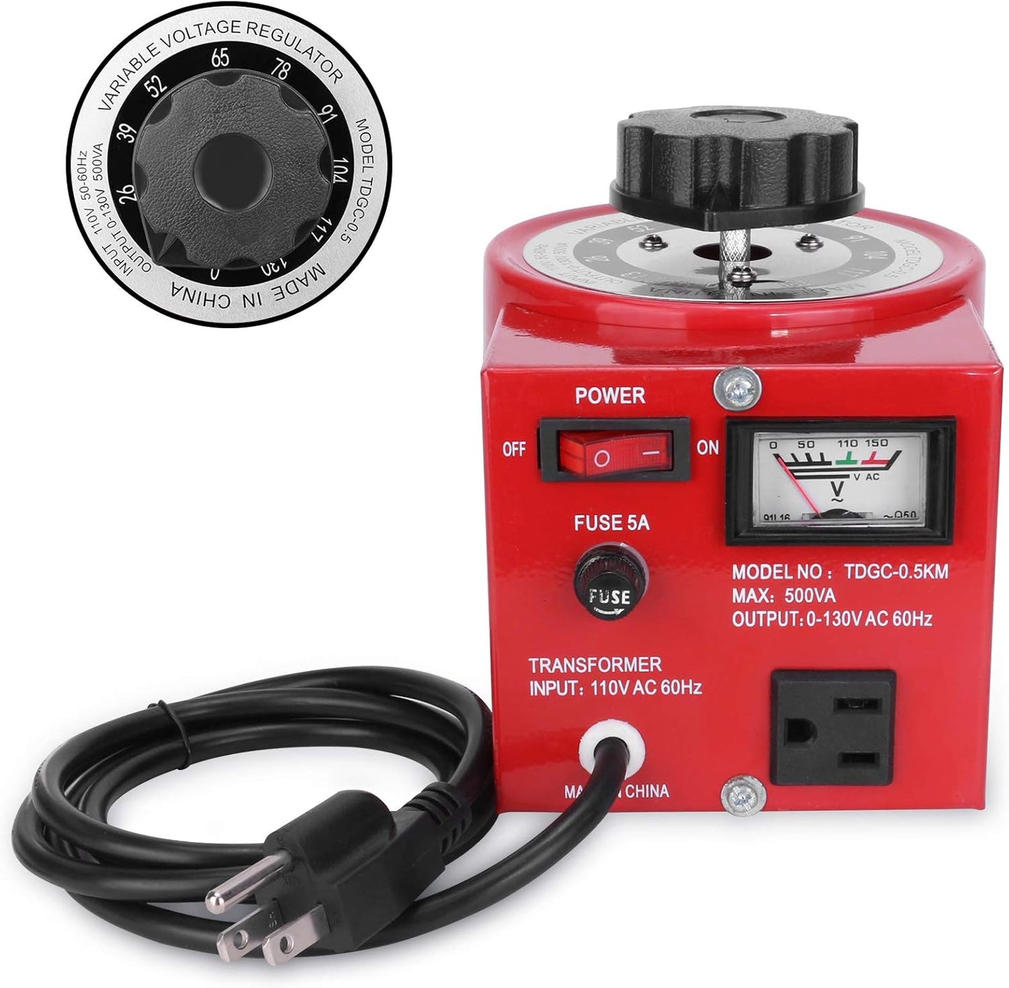 Voltage Transformer 5 Amp Auto AC Variable Voltage Regulator,500VAC Max,120VAC Input, 0-120V/130VAC Output