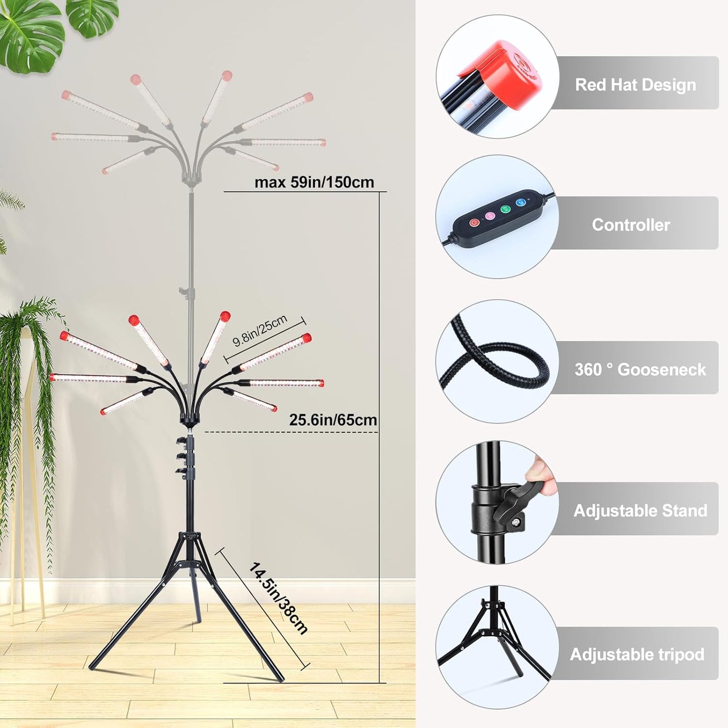 Gamechanger! 72W, NOT 24W, Bright Beyond Your Imagination, 8Head Stand Grow Lights for Indoor Plants, 2025 Big Coverage Full Spectrum LED Plant Grow Light for Bonsai Tree, Tall Plant, 4,8,12 Hr Timer