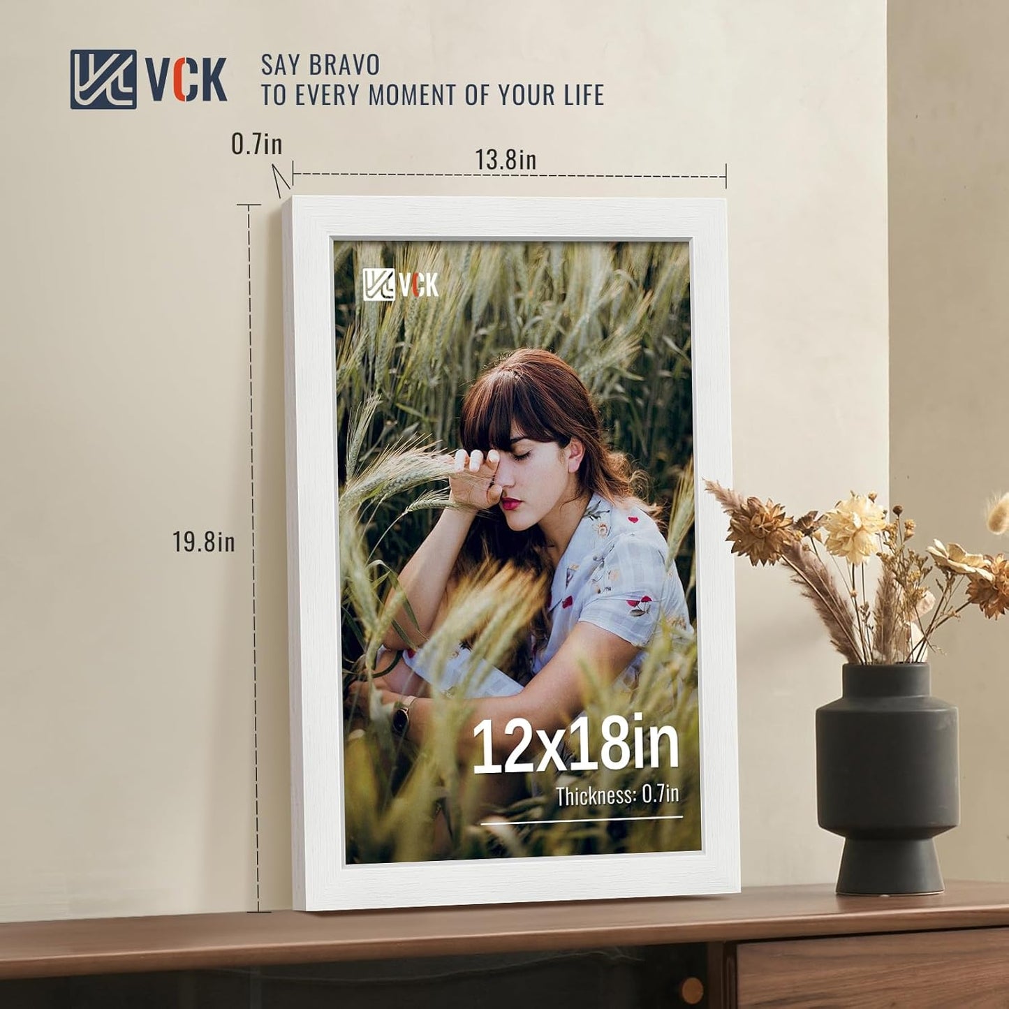 VCK 12x18 Picture Frames white Set of 6, Wide Border Wood Poster Frame, Multi-Directional Display Family Photos, Office Prints, Studio/Gallery Artwork, Woodgrain Series, Wall Hanging