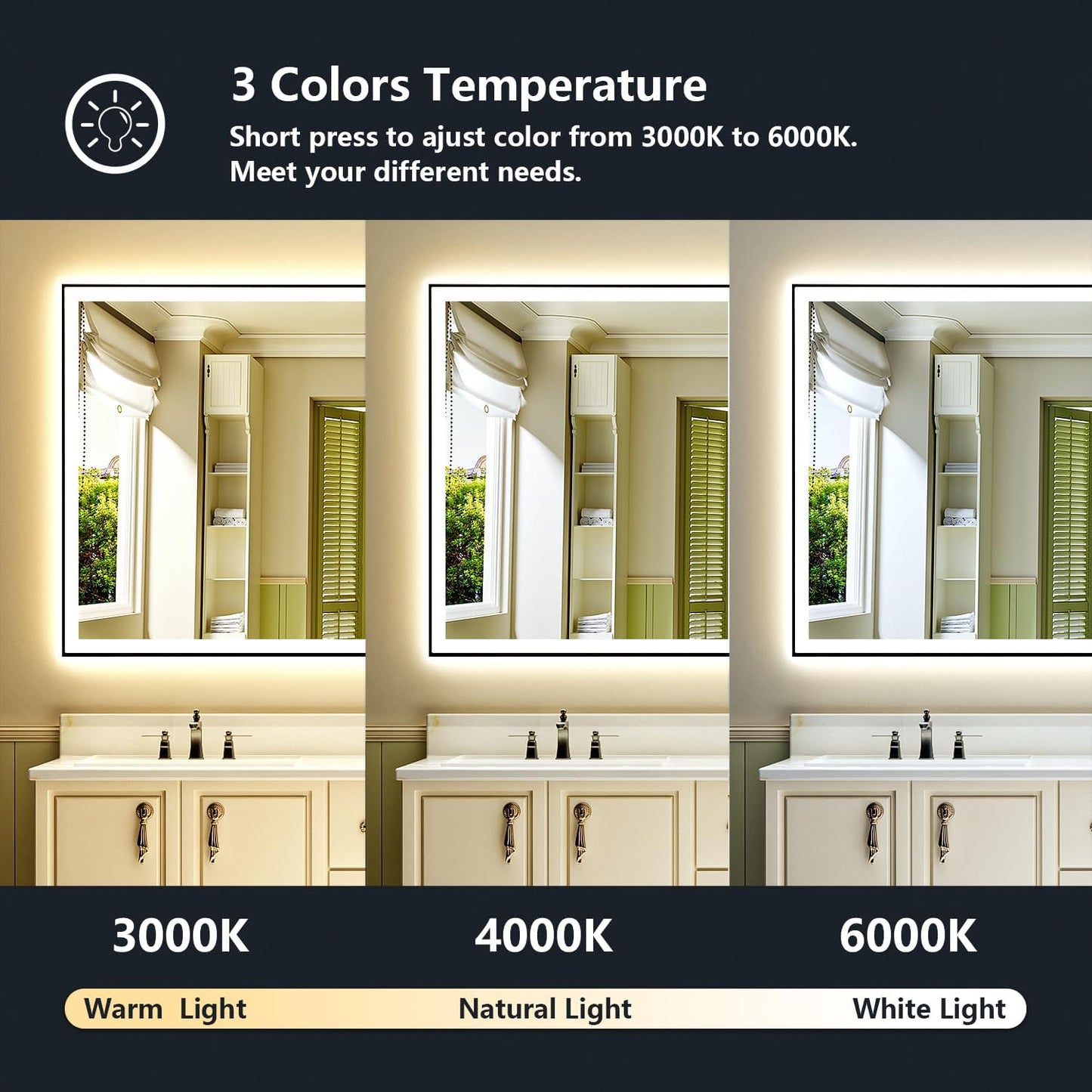 88x38 Inch LED Bathroom Mirror with Lights (Front Lit and Backlit) Black Framed Lighted Vanity Mirror for Bathroom Wall Dimmable Anti-Fog Memory Tempered Glass Horizontal/Vertical