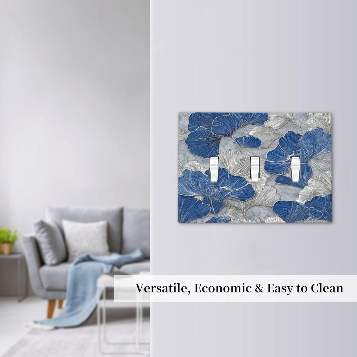 Abstract Blue Marble Plant Leaves 3 Gang Triple Toggle Decorative Light Switch Covers Electrical Faceplate Switch Plates for Bathroom Kitchen Home