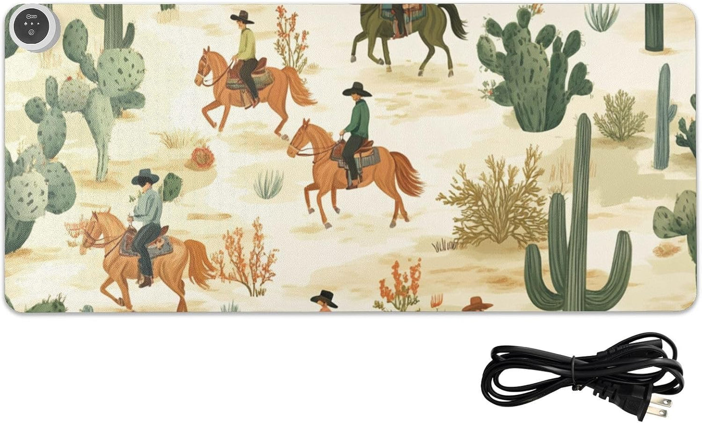 Heated Desk Pad Mouse Pad 31.5x13 Inch PU Leather Desk Mat with 3 Heat Levels Large Mouse Gaming Computer Laptop Mat Cute Cacti Desert Cowboys Horses
