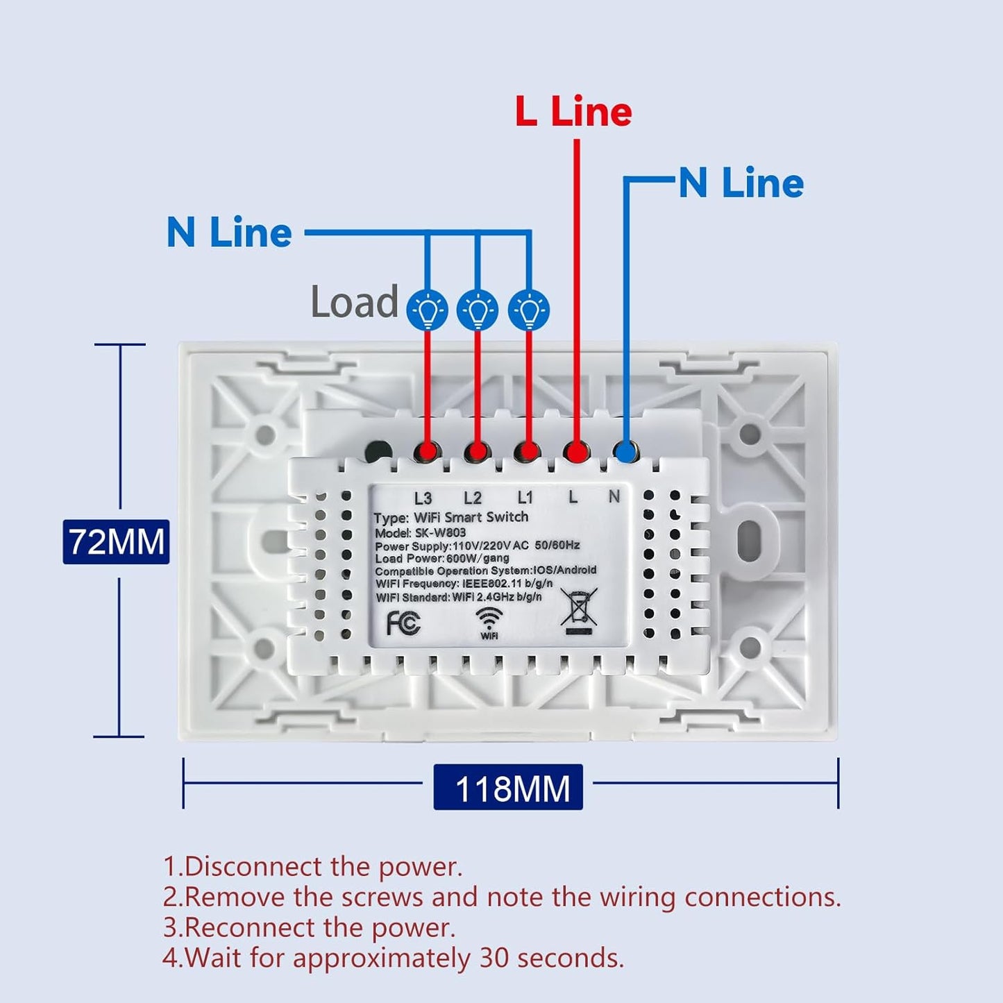 WiFi Smart Light Switch 118X72X34MM Need Neutral Wire,2.4GHz Wi-Fi Touch Switch,Work with Smart Life/Tuya App, Compatible with Alexa and Google Home, White 3 Gang