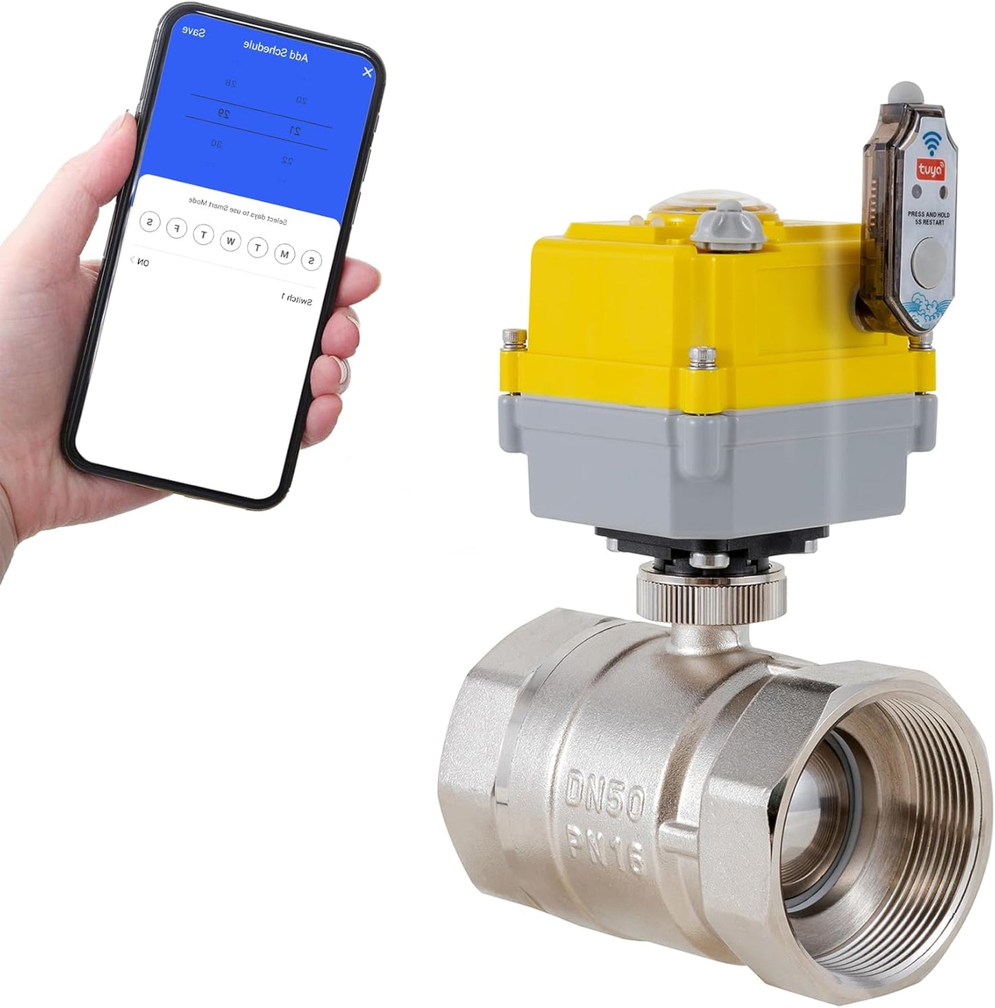NPT 2'' Electric Ball Valve Intelligent Electric Valve DC24V Actuator/AC110V-230V Power Adapter, TUYA-APP WIFI Control Valve With Indicator and Manual Device 2-wire Automatic Return, Normally Closed