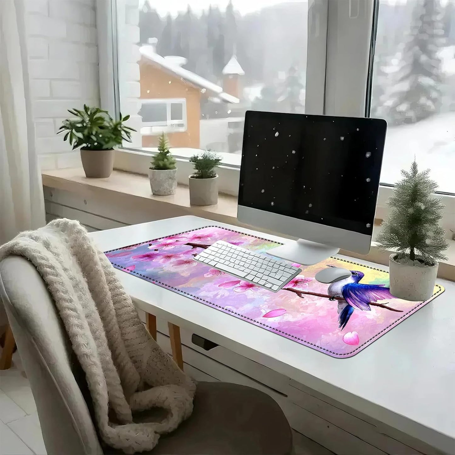 Heated Mouse Pad with 3 Temperature Settings(104°F–122°F),Large 31.5x13 Inch PU Leather Heated Desk Mat,Waterproof Warming Pad for Office,Gaming & Cold Hands Relief,Hummingbird Cherry Bloom