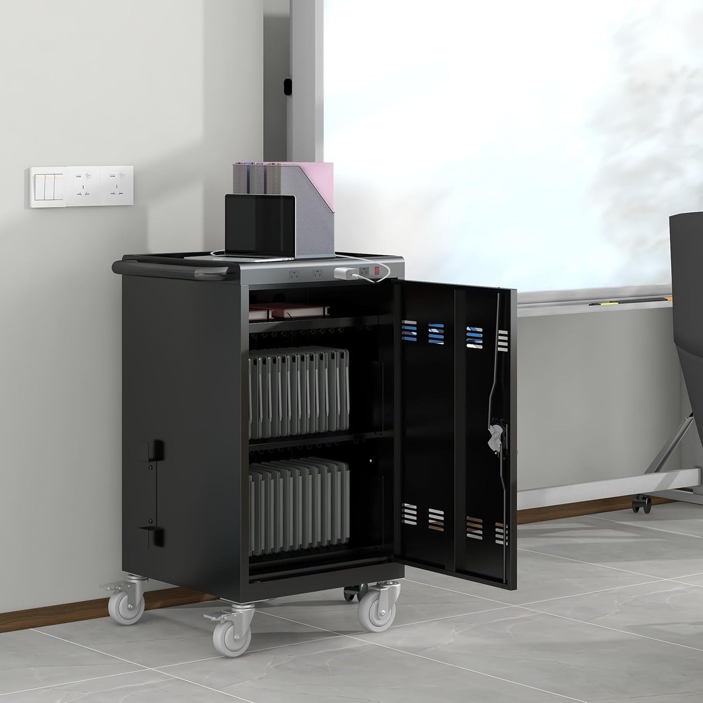 Laptop Charging Cart, 31+4 Charging Ports Laptop Storage Cart, 35-Bay Mobile Charging Cabinet for iPads up to 16.3", Chromebook Devices, Cord Management, Access Lock.School,Business.Black