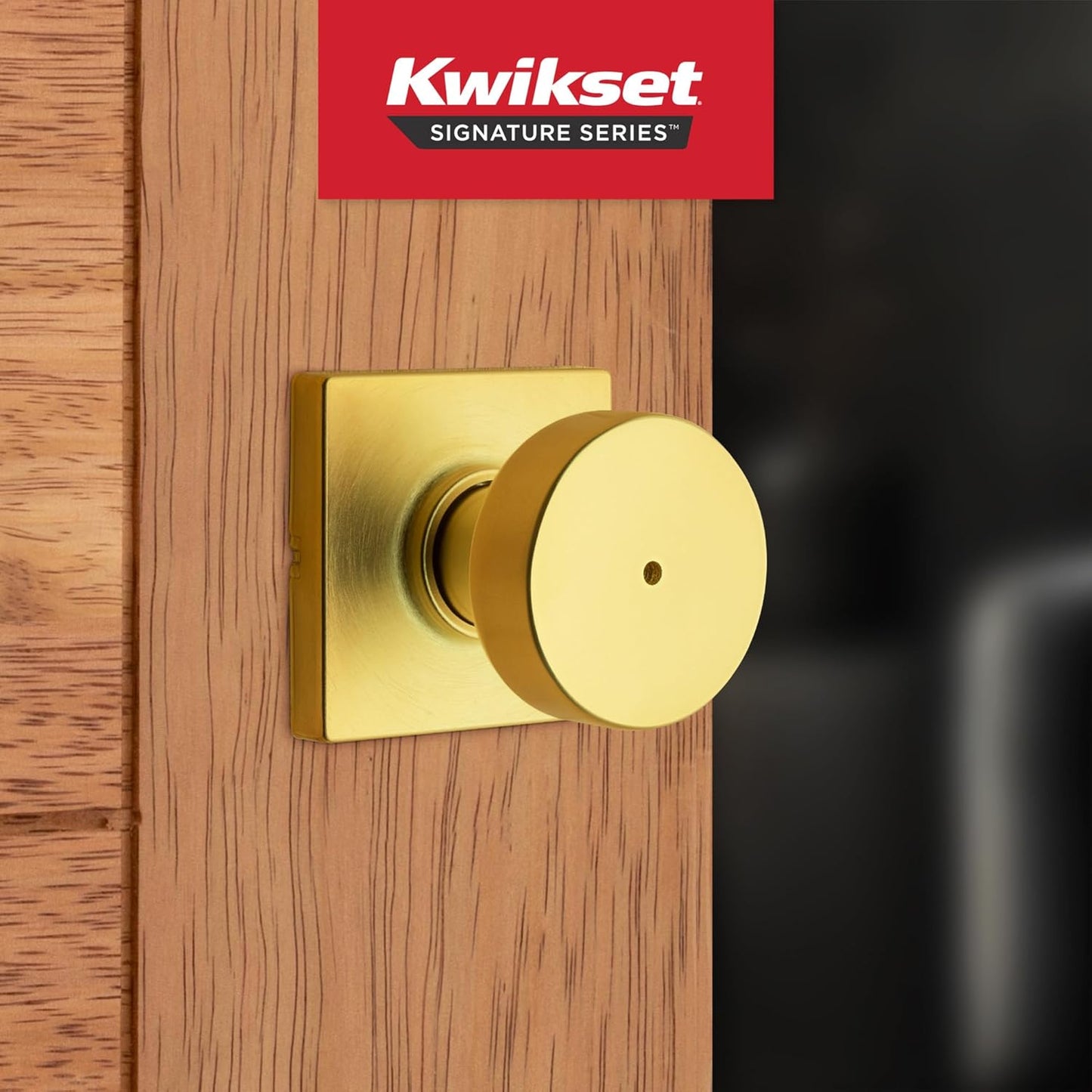 Kwikset Pismo Interior Privacy Door Knob with Lock, Door Handle for Bathroom and Bedroom, Satin Brass, Square, Keyless Turn Lock Doorknob, Microban Protection