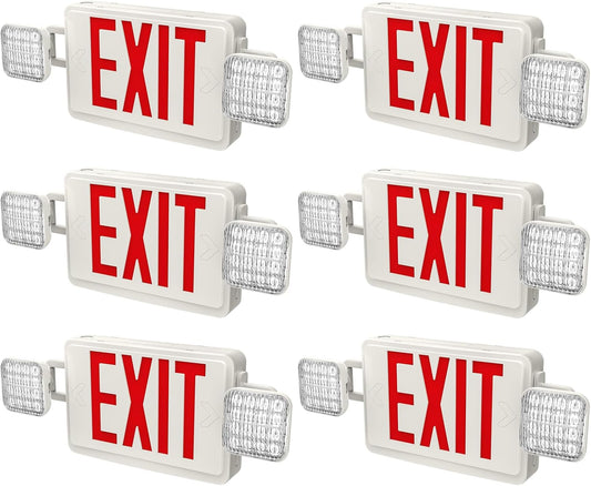 6 Packs Red Exit Sign with Emergency Lights, LED Emergency Exit Light with Battery Backup, UL Listed, AC 120/277V, Commercial Emergency Lights Combo for Business/Home.