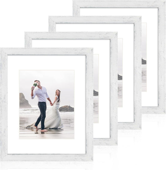iRahmen 11x14 Picture Frame Set of 4 with Tempered Glass, Distressed White Frame Display 8x10 Picture with Mat or 11 x 14 Without Mat, Wood Rustic Photo Frames for Horizontal or Vertical Wall Mounting