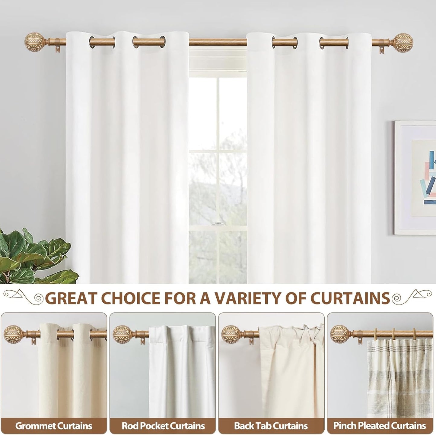 KAMANINA Wood Curtain Rods for Windows 66 to 120 Inch(5.5-10ft), 1 Inch Adjustable Drapery Rod, Decorative Heavy Duty Curtain Rods with Leaf Pattern Finials, Wood Grain