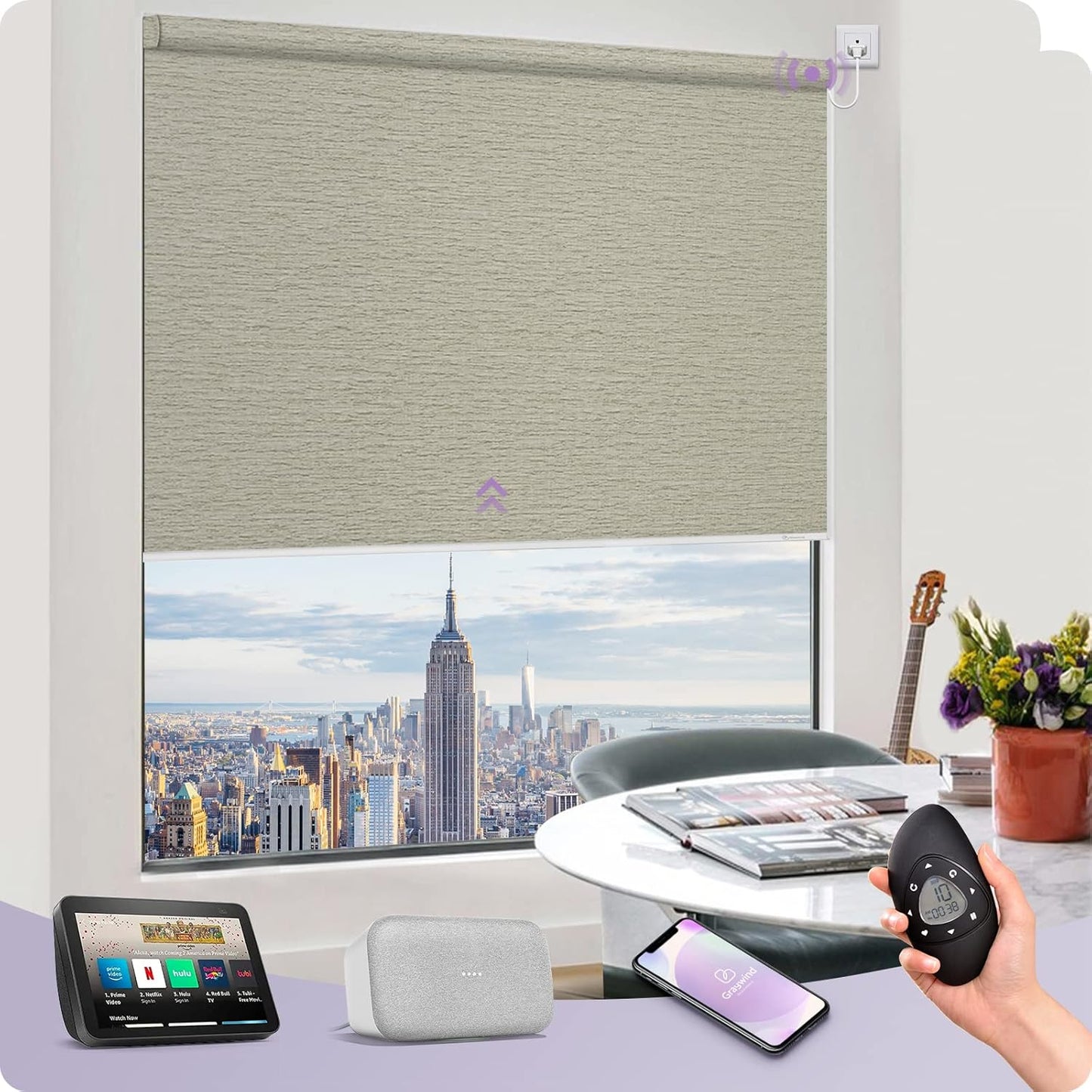 Graywind Smart Blackout Roller Shades Compatible with Alexa Google WiFi Hardwired Textured Fabric Motorized Blinds Remote Window Shades, Custom Size (Frequency Sand)