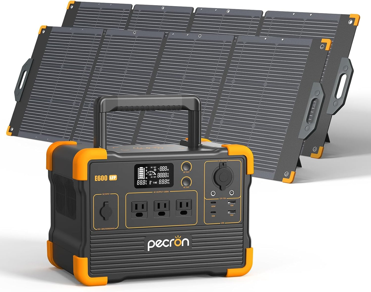 Pecron E600LFP Portable Solar Generator with 2x200W Solar Panel, 614Wh LiFePO4 Battery Backup, Power Station for Camping, Emergency, RV, Off-Grid Living