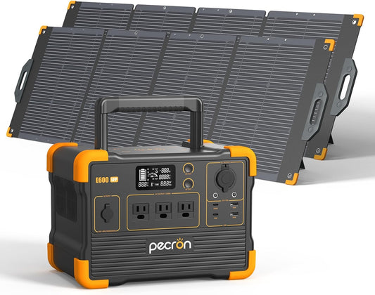 Pecron E600LFP Portable Solar Generator with 2x200W Solar Panel, 614Wh LiFePO4 Battery Backup, Power Station for Camping, Emergency, RV, Off-Grid Living