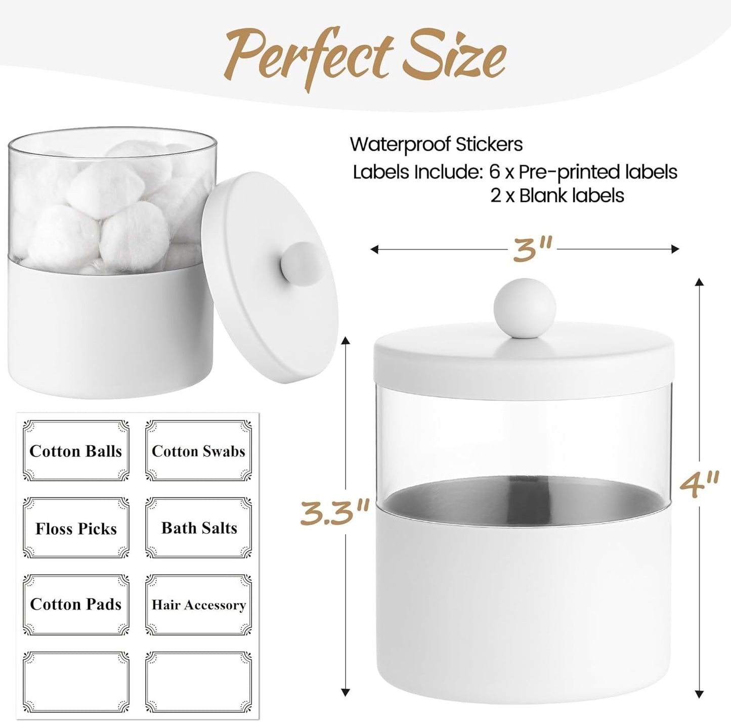 Gaussra White Apothecary Jars, White Qtip Holder - Stainless Steel Bathroom Jar with Stickers - Farmhouse Decor Qtip Dispenser for Qtips, Cotton Balls, Swabs, Makeup Sponges (2-Pack)