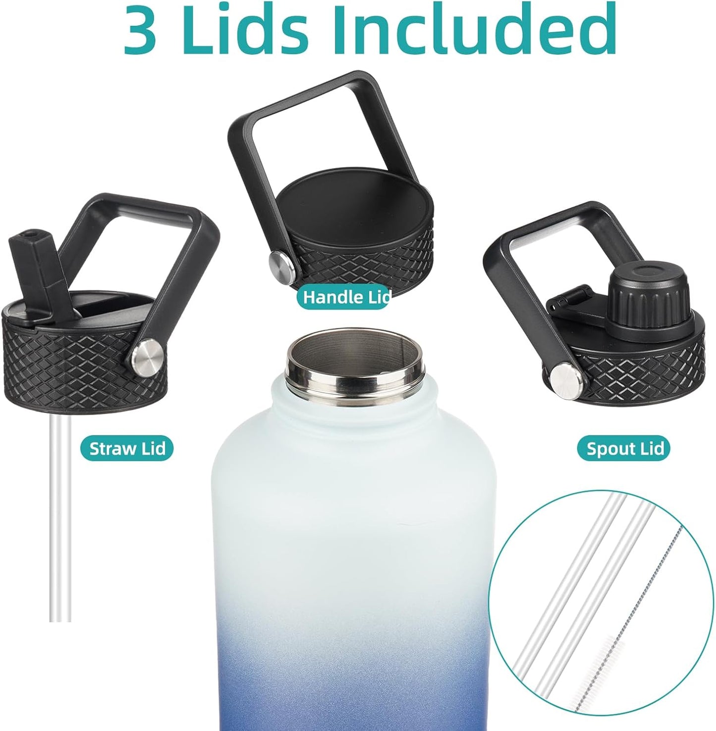 Insulated Water Bottle with Straw,50 oz 3 Lids Water Jug with Carrying Bag,Paracord Handle,Double Wall Vacuum Stainless Steel Metal Flask,Sky