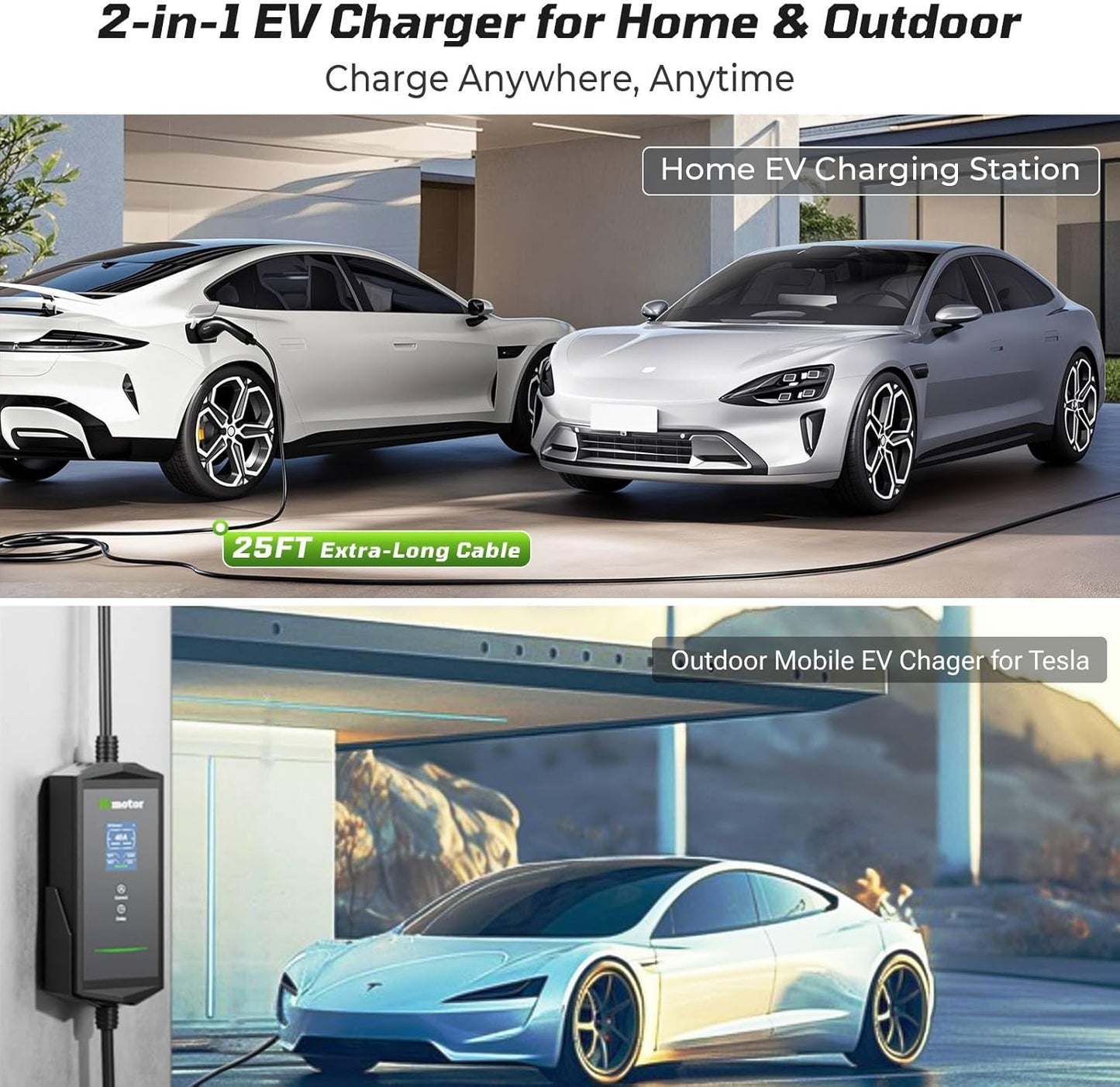 Tesla Charger 40Amp 9.6KW, Portable Level 2 EV Charger Adjustable Current with 2.4" LCD 25FT Cable, 110V-240V, NEMA 14-50 & 5-15 Plug, Compatible with Tesla Models 3/Y/S/X and J1772 Electric Cars
