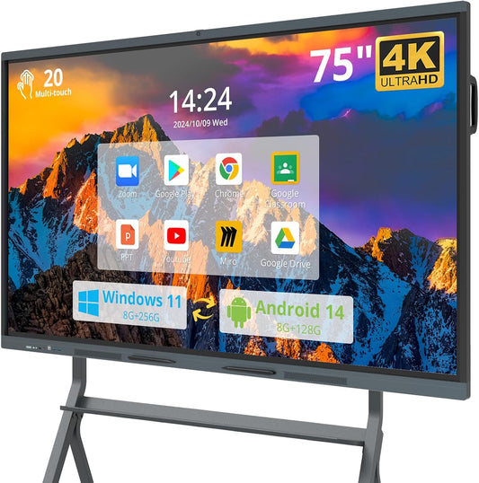 75″ Smart Board, 4K UHD Interactive Whiteboard Built in Dual System and 13MP Camera, All in One Digital Whiteboard for Home, Classroom and Business (Wall Mount Included)