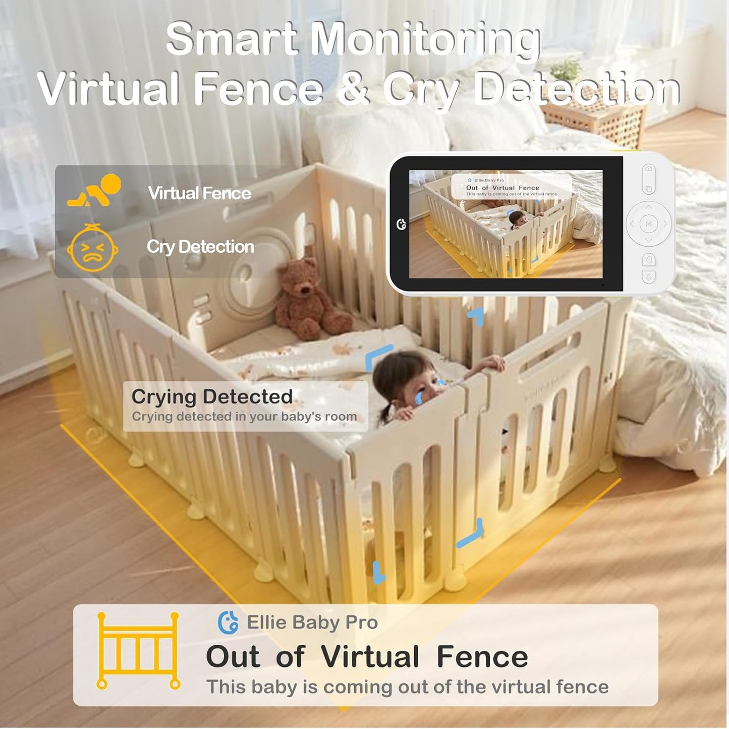 Ellie Pro Baby Monitor with 2 Cameras,5'' IPS 2K UHD Resolution,6000mAh Battery, Remote Pan-Tilt-5X Zoom, 2-Way Talk,No WiFi, Night Vision, Virtual Fence and 1000ft Range