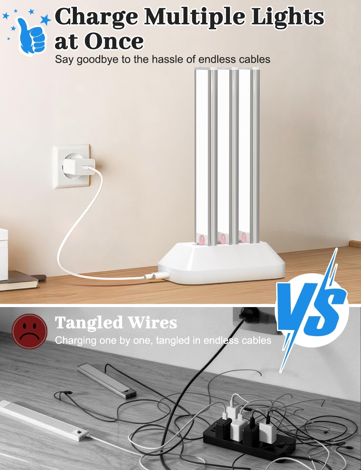 Under Cabinet Lighting with Charging Station, 2200mAh Rechargeable Motion Sensor Light Indoor, Dimmable Closet Lights with 3 Color Tempers, Magnetic Under Cabinet Lights for Kitchen Wireless, 3-Pack