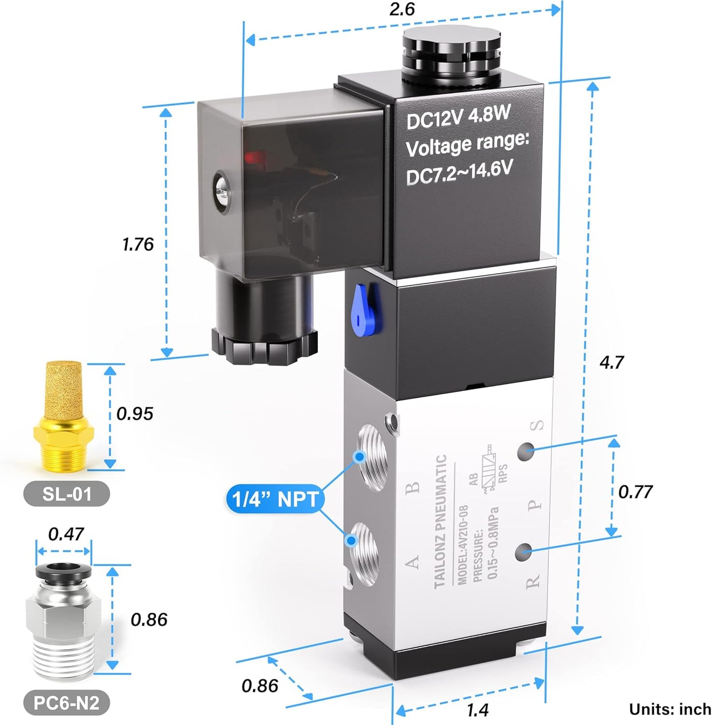 TAILONZ PNEUMATIC 1/4"NPT Solenoid Valve 4V210-08 DC12V Single Coil Pilot-Operated Electric 2 Position 5 Way Connection Type Junction Box