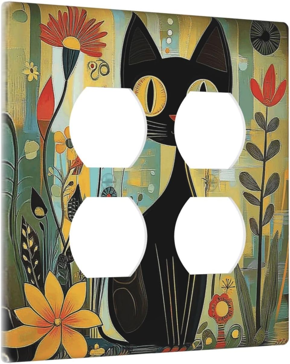Funny Cat Retro Abstract Flowers Kitten Outlet Covers 2 Gang Double Duplex Decorative Light Switch Covers Electrical Wallplates Socket Faceplate For Kids Room Bed Room Decor