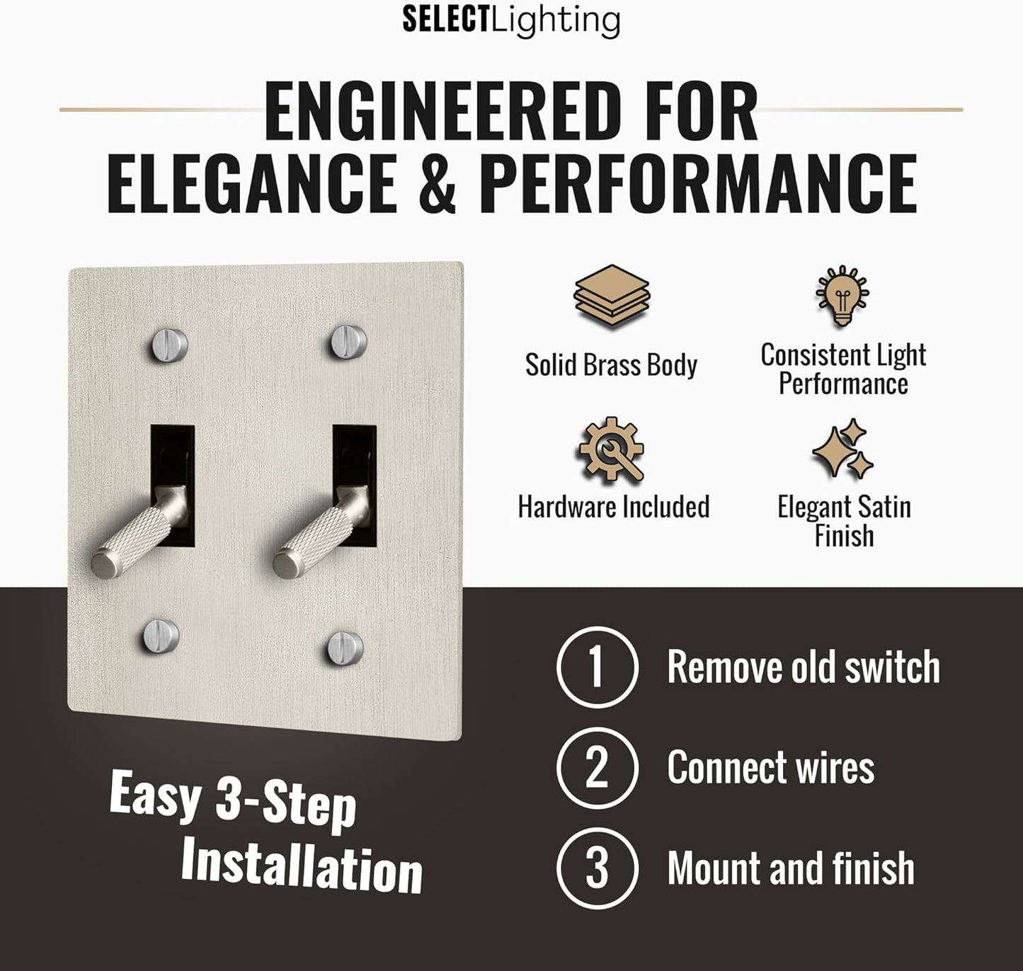 Select 15A 120V AC 2-Gang Toggle Switch, Vintage Satin Nickel Plated Single Pole 3 Way Compatible Wall Mount Toggle Switch, Included Faceplate & Switch Module, UL Listed