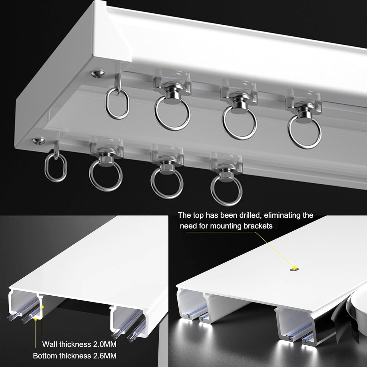 Ceiling Mounted Curtain Track System - Double Rails for Curtains & Drapes - Room Dividers - Sliding Curtain Rail for Window (white, 2m)