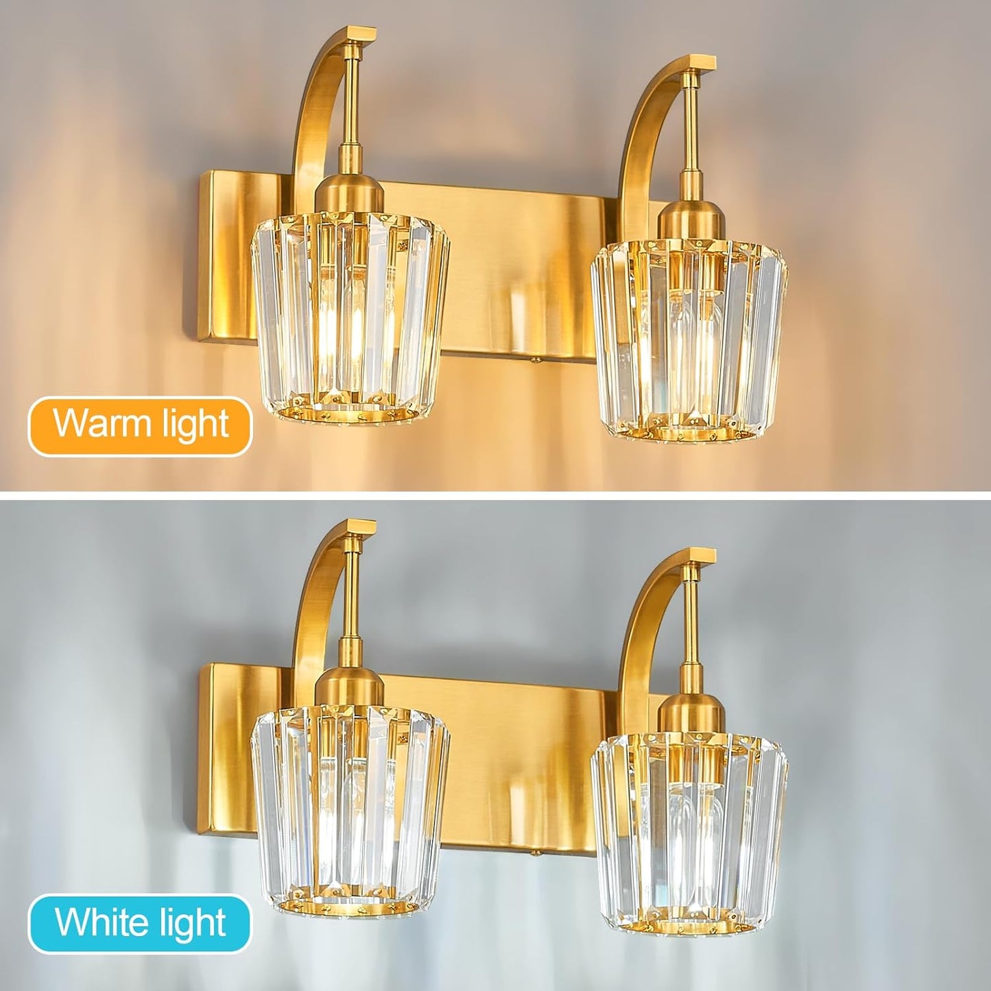 Modern Bathroom Vanity Light, 2-Light Gold Wall Sconce with Crystal Accents, Over Mirror Bathroom Lighting Fixture, 13.77" Long Dimmable Vanity Lamp for Makeup, Easy Installation